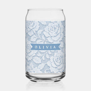 Personalized Blue Lace Floral Elegant Romantic Can Glass