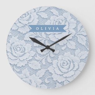 Personalized Blue Lace Floral Elegant Romantic Large Clock