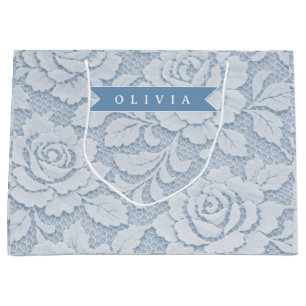 Personalized Blue Lace Floral Elegant Romantic Large Gift Bag
