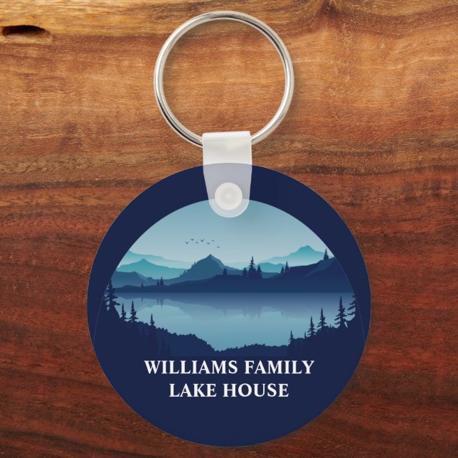 Personalized Blue Lake House Vacation Home Keychain (Front)