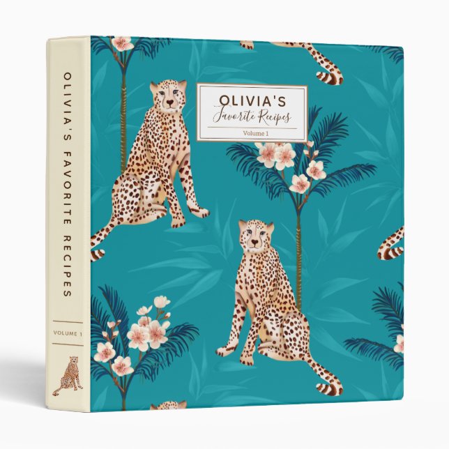 Personalized Blue Leopard Floral Palm Tree Pattern Binder (Front/Spine)