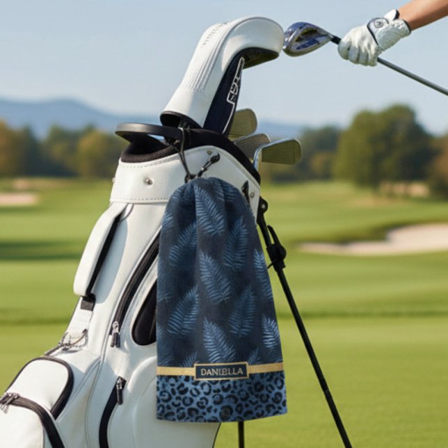 Personalized Blue Leopard Print Tropical Floral Golf Towel (Creator Uploaded)