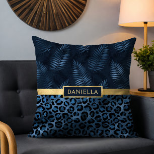 Personalized Blue Leopard Tropical Leaf Name Throw Pillow