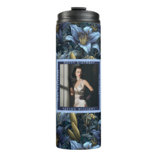 Personalized Blue Lilies Charm Happy Birthday Thermal Tumbler
