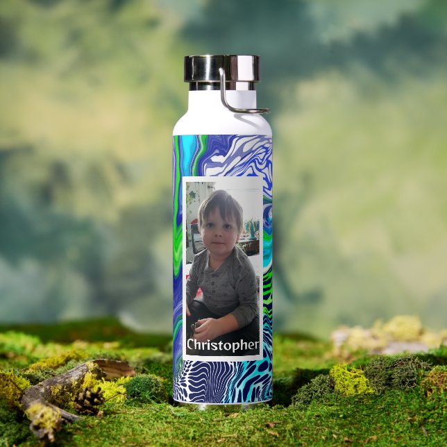 Personalized Blue Lime Green Digital Pour Paint  Water Bottle (Outdoor)