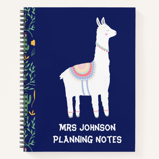 Personalized Blue Llama Teacher Planning Notebook (Front)