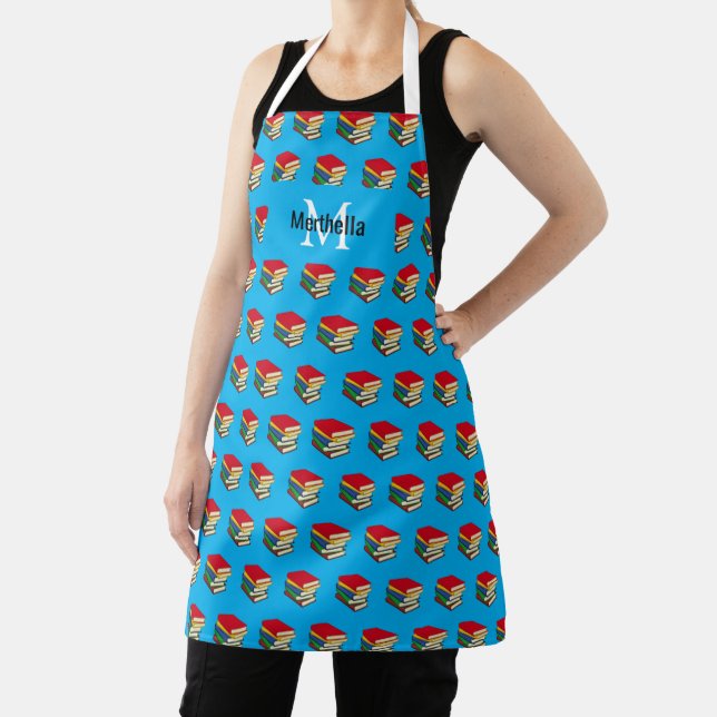 Personalized Blue Love Reading Books Monogram Apron (Insitu)