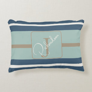 Personalized Blue Mint Tan Stripe Monogram Coastal Accent Pillow