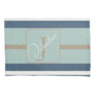 Personalized Blue Mint Tan Stripe Monogram Coastal Pillowcase