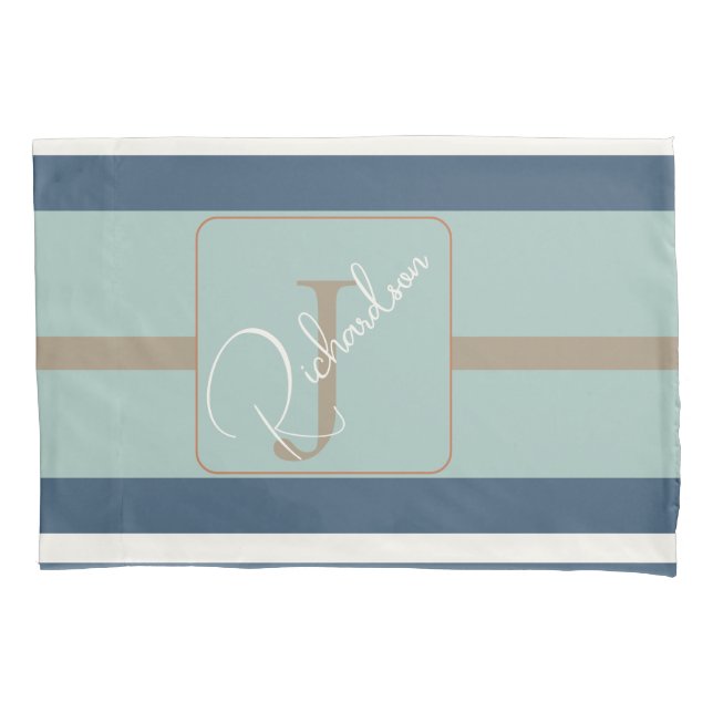 Personalized Blue Mint Tan Stripe Monogram Coastal Pillowcase (Front)