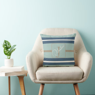Personalized Blue Mint Tan Stripe Monogram Coastal Throw Pillow