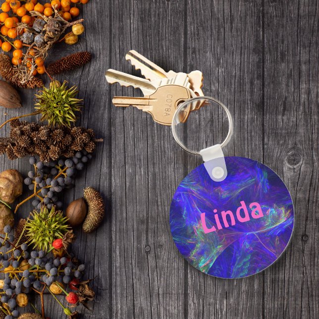 Personalized Blue Mist Abstract Keychain (Abstract swirls of bright vibrant colours in pink, green on deep blue keychain.)