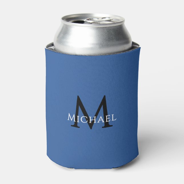 Personalized Blue Monogram Elegant Initial Name Can Cooler (Can Front)