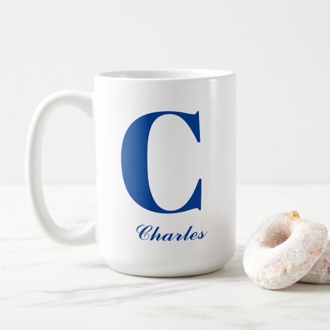 Personalized Blue Monogram Initial and Name  Coffee Mug (With Donut)