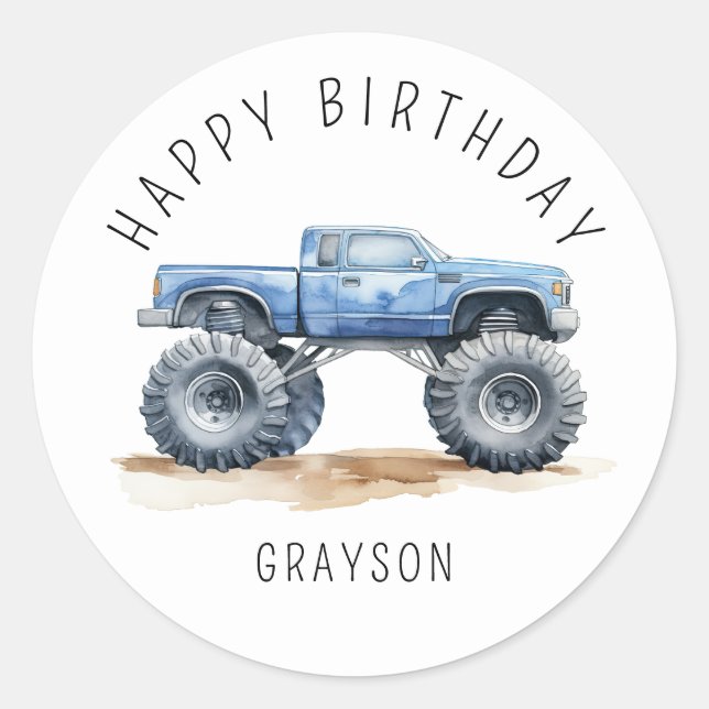Personalized Blue Monster Truck Birthday Gift Classic Round Sticker (Front)