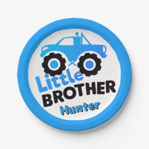 Personalized Blue Monster Truck Little Brother Paper Plate