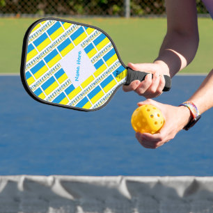 Personalized Blue Name Ukraine Flag Tiled Pickleball Paddle