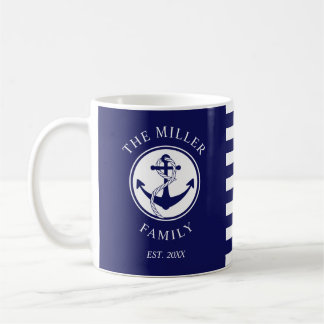Personalized Blue Nautical Anchor Family Name Coffee Mug