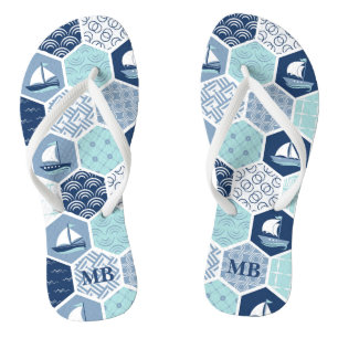 Personalized Blue Nautical Sailboat Monogram Flip Flops