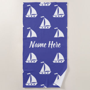 Personalized blue nautical with custom name beach towel