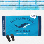 Personalized Blue Navy Swim Team Swimmer Name Beach Towel<br><div class="desc">Personalized swim team pool towel design for swimmers features custom text for the swimmer's first and last name, swim team club name, and mascot or other text. Add your team logo to the dolphin placeholder image. The colour scheme of ocean blue, navy blue and white can be modified to coordinate...</div>
