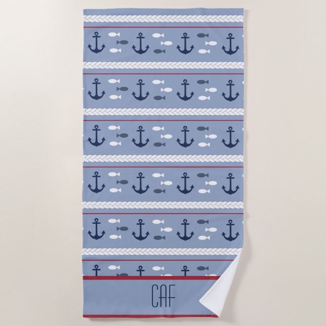 Personalized Blue Navy White Red Nautical Anchors  Beach Towel (Front)