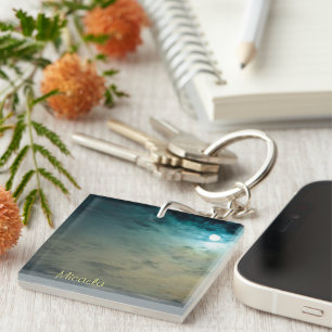 Personalized Blue Ocean Waves w/ Moon Keychain