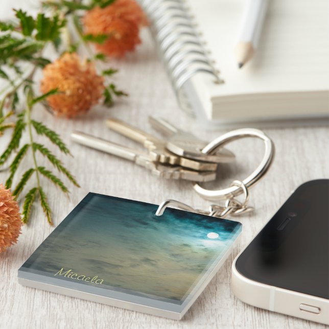 Personalized Blue Ocean Waves w/ Moon Keychain (Front Right)