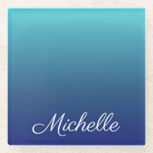 Personalized blue ombre gradient glass coaster