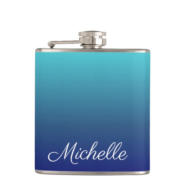 Personalized blue ombre gradient hip flask (Front)