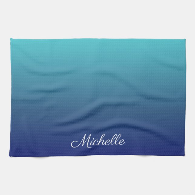 Personalized blue ombre gradient kitchen towel (Horizontal)