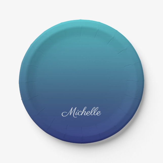 Personalized blue ombre gradient paper plate (Front)