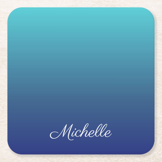Personalized blue ombre gradient square paper coaster (Front)