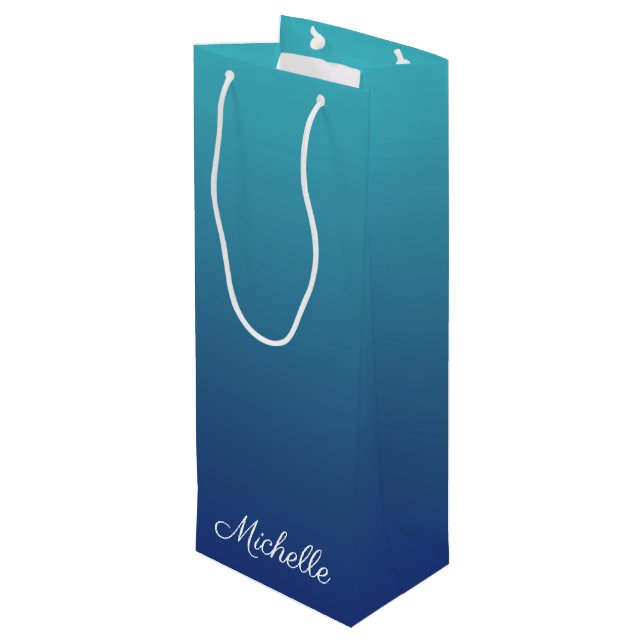 Personalized blue ombre gradient wine gift bag (Back Angled)