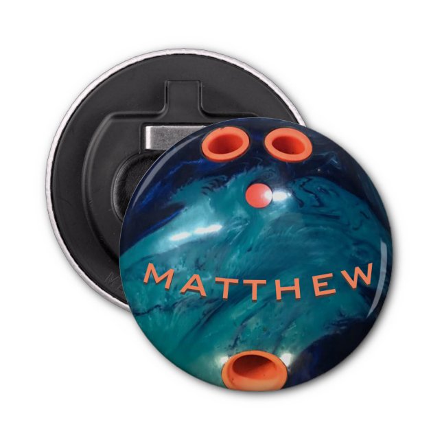 Personalized Blue Orang Bowling Ball Bottle Opener (Front)