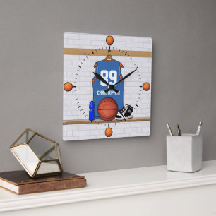Personalized blue orange  Basketball Jersey wall c Square Wall Clock