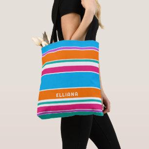 Personalized Blue Orange Pink Art Stripes Tote Bag