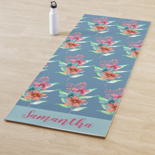 Personalized Blue Orange Pink Floral Yoga Mat