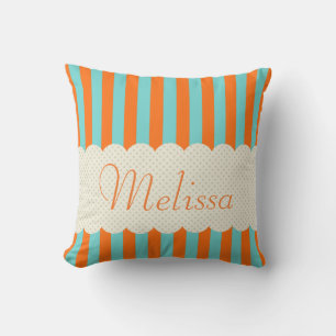 Personalized Blue Orange Stripes Polka Dots Design Throw Pillow