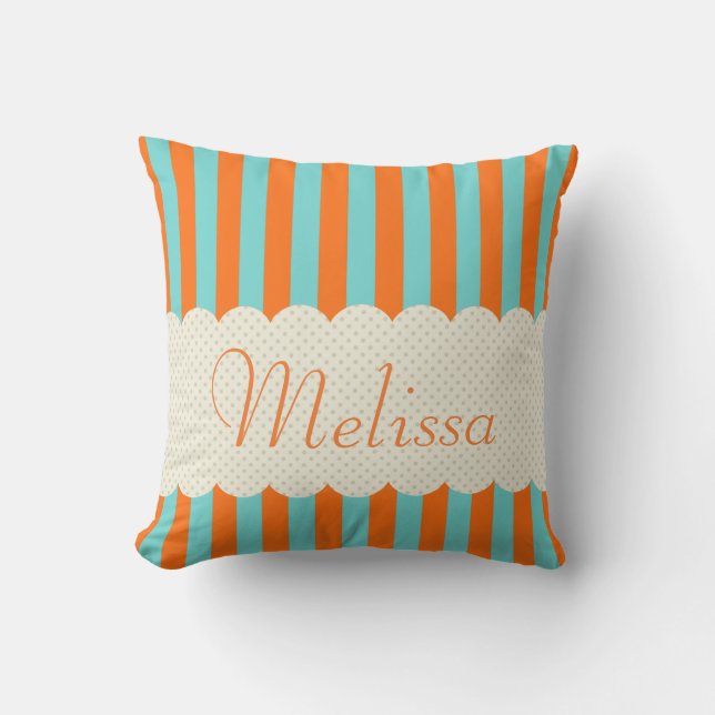 Personalized Blue Orange Stripes Polka Dots Design Throw Pillow (Front)