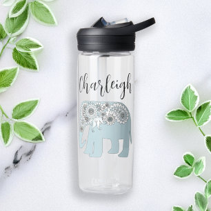Personalized Blue Paisley Elephant Boho Chic Water Bottle