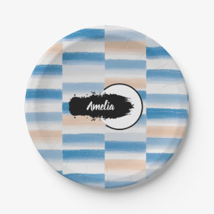 Personalized Blue Peach Watercolor Round Paper Plate