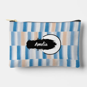 Personalized Blue Peach Watercolor Striped Accessory Pouch