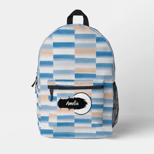Personalized Blue Peach Watercolor Striped Cut Sew Printed Backpack (Front)