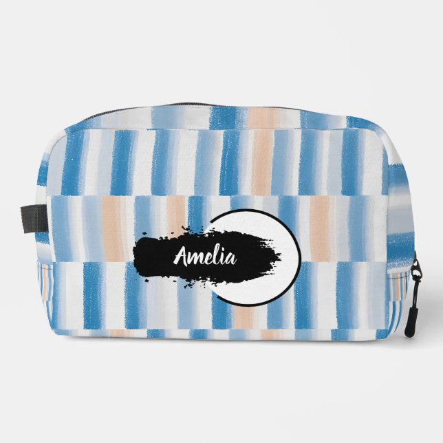 Personalized Blue Peach Watercolor Striped  Dopp Kit (Front)