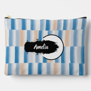 Personalized Blue Peach Watercolor Striped Large Accessory Pouch