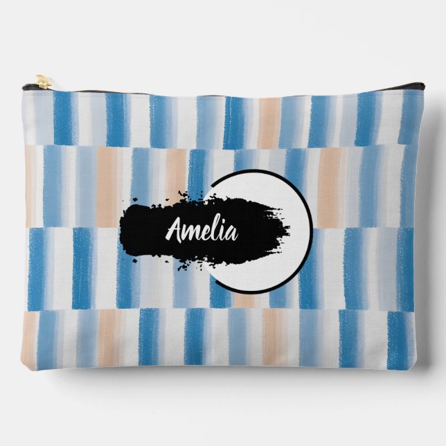 Personalized Blue Peach Watercolor Striped Large Accessory Pouch (Front)