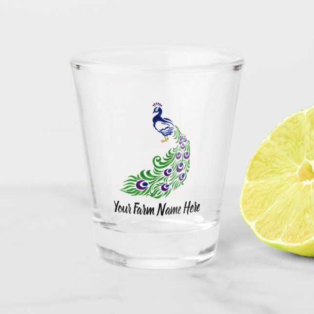 Personalized Blue Peacock Farm Shot Glass (Front)