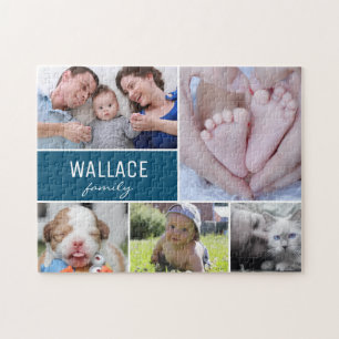 Personalized Blue Photo Collage Family Jigsaw Puzzle