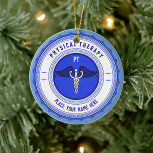 Personalized Blue Physical Therapy Caduceus Ceramic Ornament
